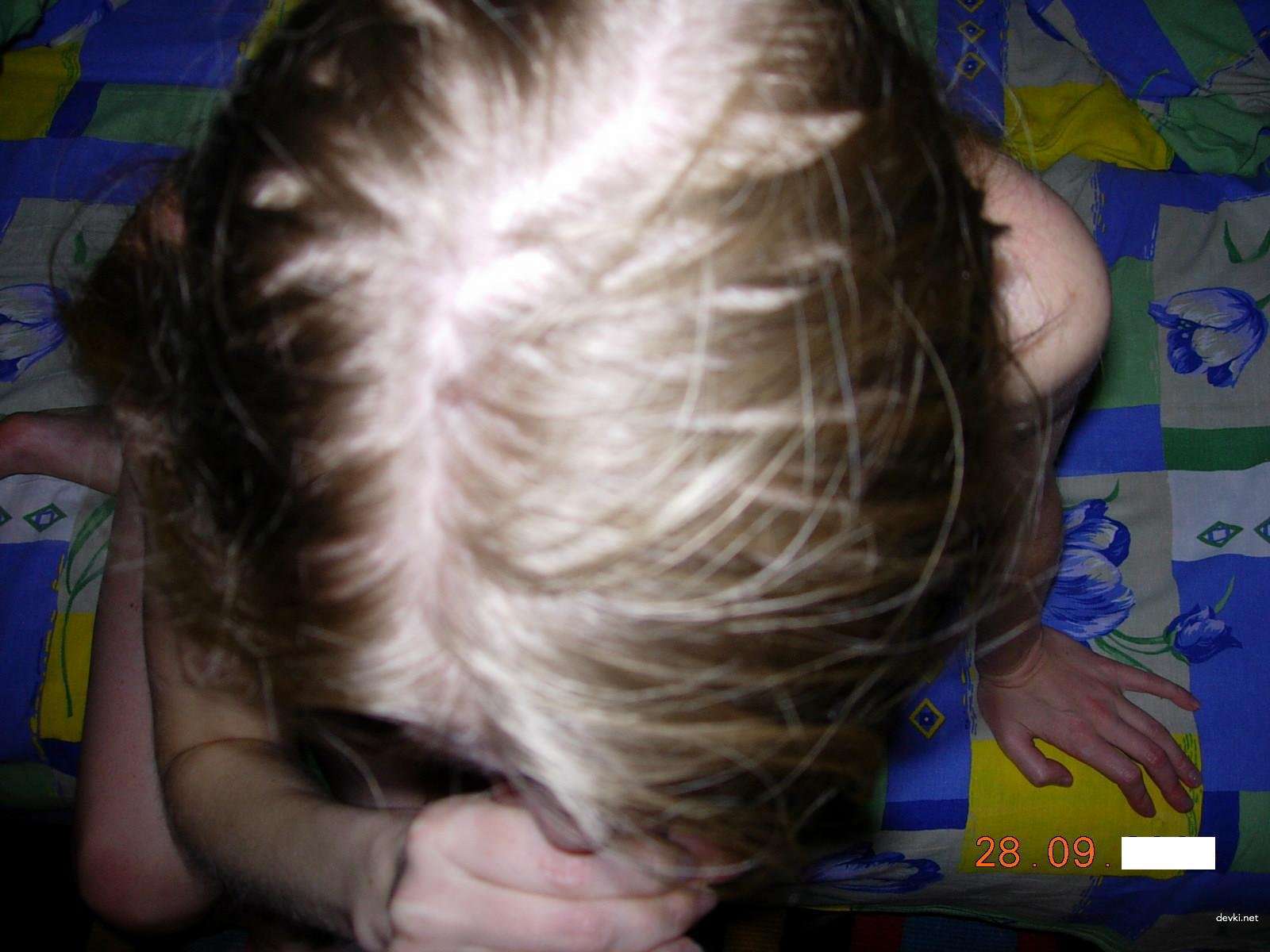 Skinny slut gives blowjob - explicit oral sex photo.