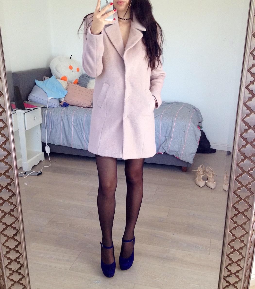 Brunette in Coat and Stockings: Explicit Amateur Photo Shoot