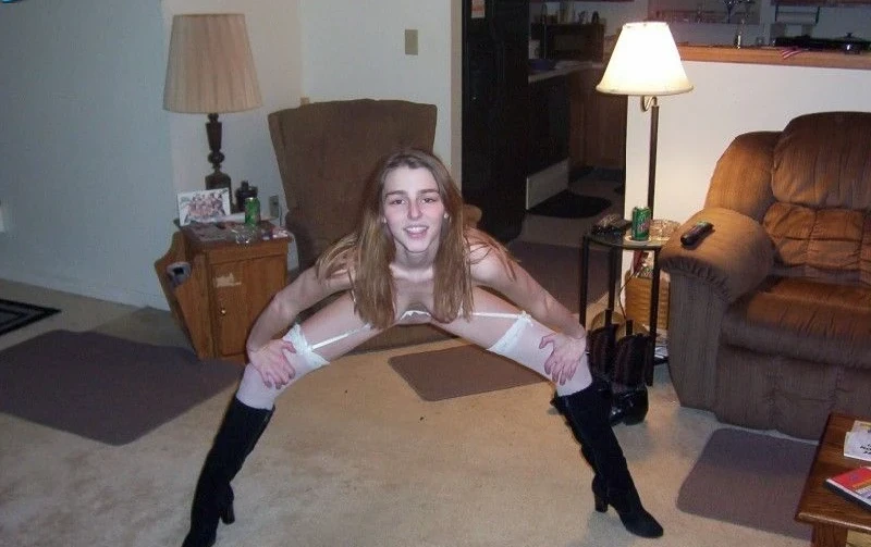 Skinny babe strips and takes cock