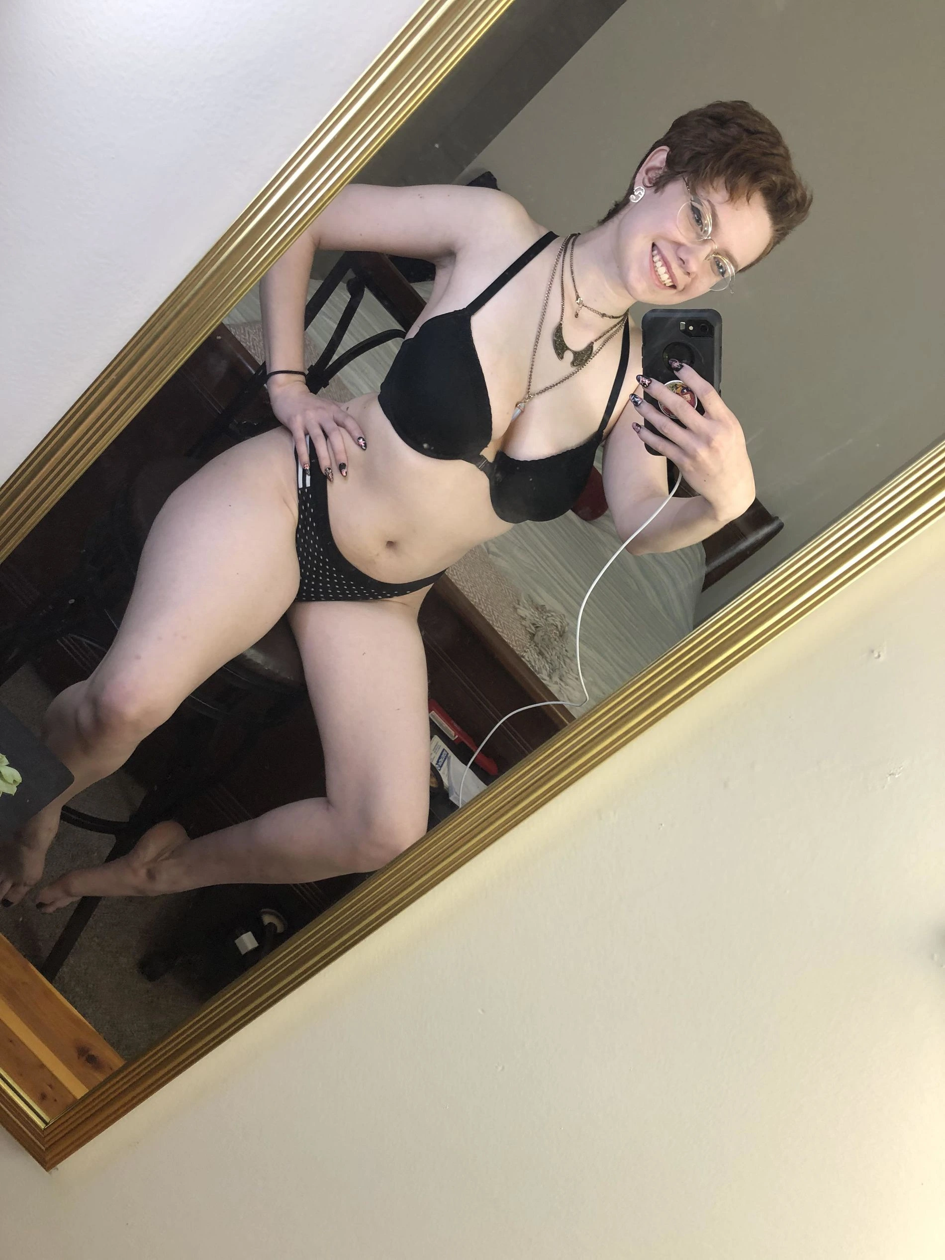 Sexy Girl in Glasses Takes Mirror Selfie Showing Off Her Hot Body and Nice Boobs
