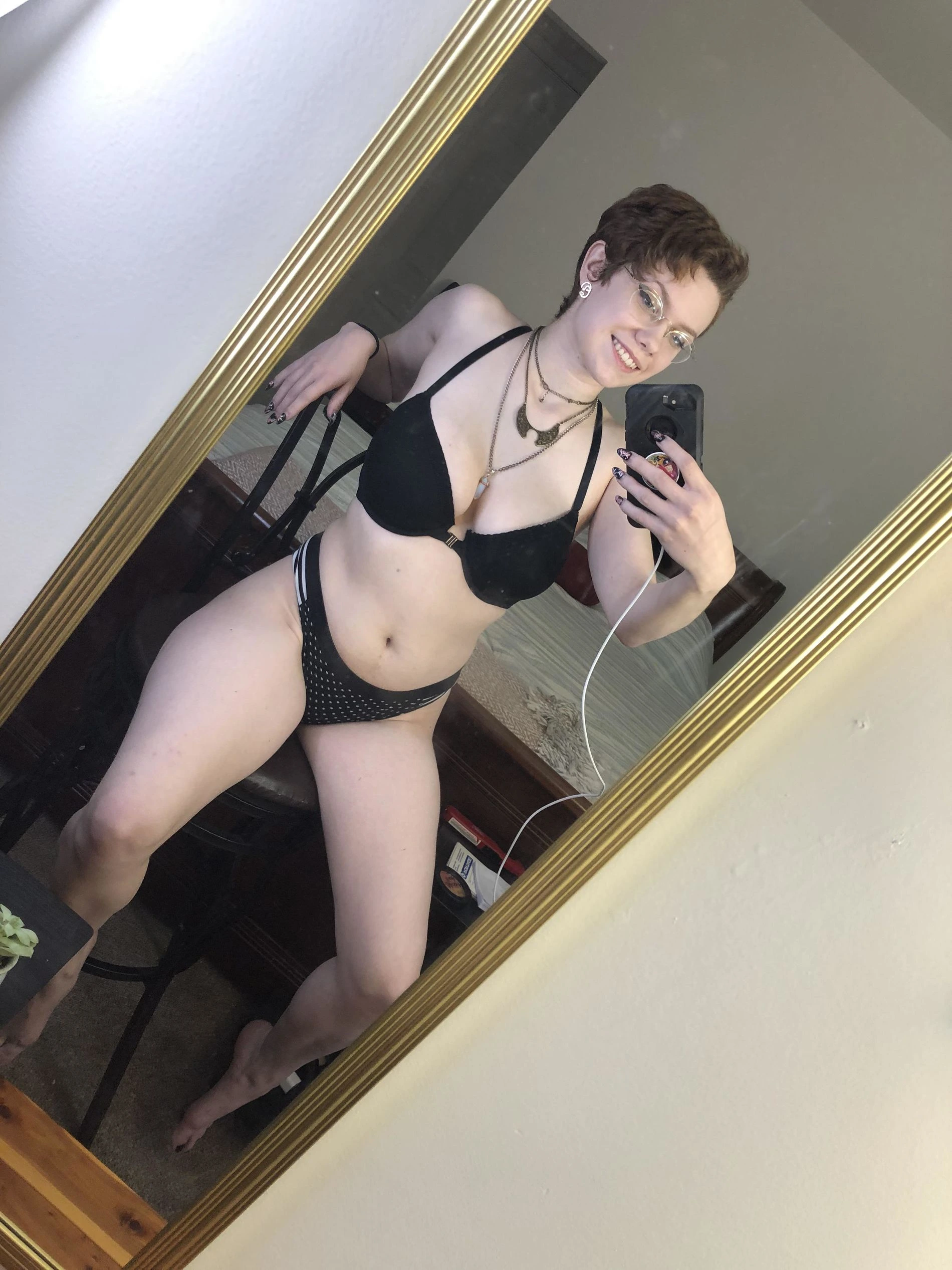 Sexy Girl in Glasses Takes Mirror Selfie Showing Off Her Hot Body and Nice Boobs